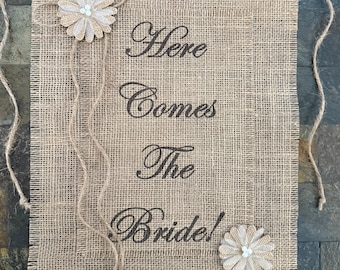 Primitive Here Comes The Bride Burlap Flower Girl Ring Bearer Banner Sign Rustic Country Barn Wedding Shabby Chic Lrg