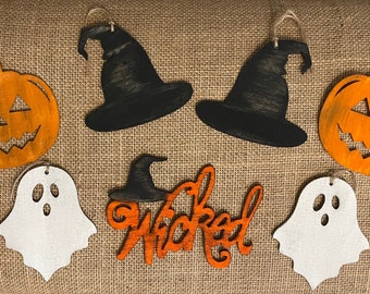 Primitive Halloween Distressed Wood Sign Ornaments Wicked Spooky Or Boo DIY Decorations 7pc
