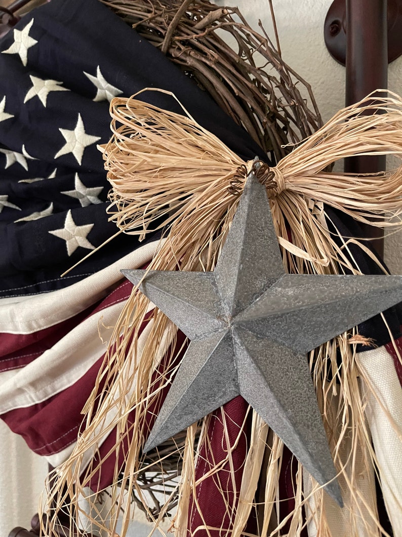 Primitive Antiqued American Flag Wreath Patriotic USA July 4th Country Americana Farmhouse Decor 100% Cotton Embroidered Stars image 5