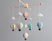 baby mobile - pink, blue and turquoise wooden hot air balloon crib cot mobile