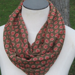 Fall floral print Infinity scarf, loop scarf, chiffon shrug, wrap,petite coral flowers on a tan background chiffon print scarf,nursing cover