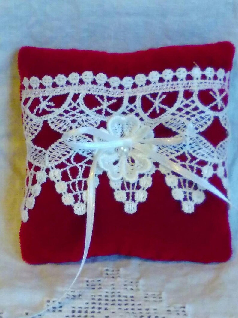 red velvet and white lace pillow winter wedding accessory Valentine wedding ring pillow small lace ring holder pillo Ring bearer pillow