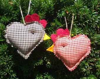 Chicken ornaments, pair of country check fabric chickens, farmhouse kitchen decor, doorknob hangers, rear view mirror dec, rustic Valentines