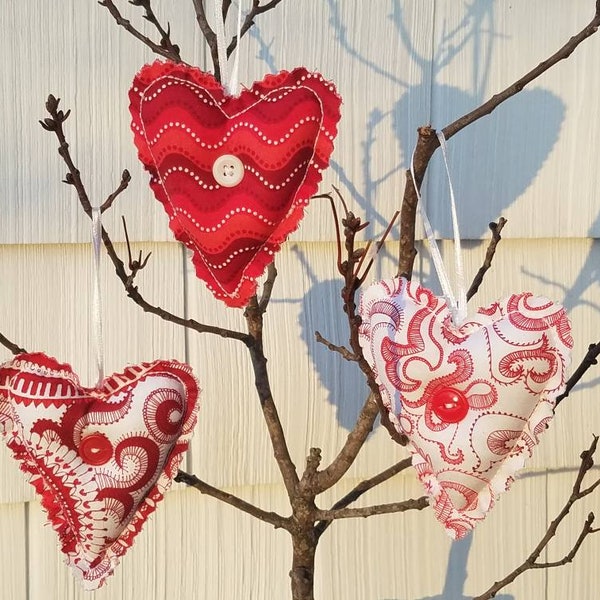 Heart ornaments, set of three fabric hearts, Valentine's Day heart hangers, Valentine bowl fillers, heart wreath accents,  red and white fab