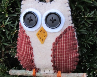 felt owl ornament on a branch, oatmeal beige felt with country red and beige check wings, gift tag, rear view mirror hanger, door knob decor