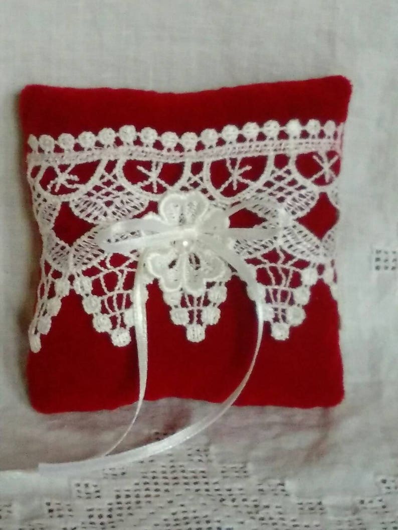 red velvet and white lace pillow winter wedding accessory Valentine wedding ring pillow small lace ring holder pillo Ring bearer pillow