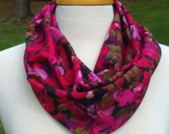 Pink Infinity scarf, silky print loop scarf, pink and purple abstract print, floral print fashion accessory, circle scarf, gift under 25