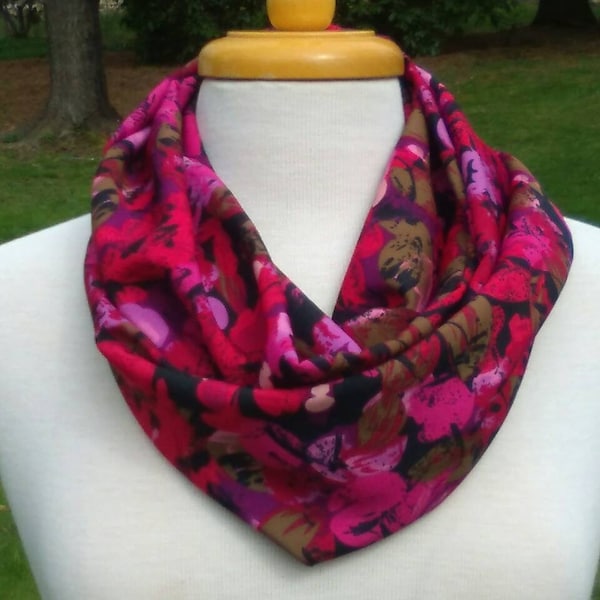 Pink Infinity scarf, silky print loop scarf, pink and purple abstract print, floral print fashion accessory, circle scarf, gift under 25