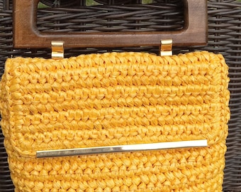 Bright butter yellow vintage straw handbag, 1950's wood handle purse, Forsum Made in Italy label bag, raffia straw spring/summer purse