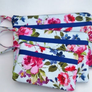 Cosmetic bag set, makeup bags, floral print toiletry/travel/tote bag/luggage organizer bag, three cotton wristlets, zippered pouch set