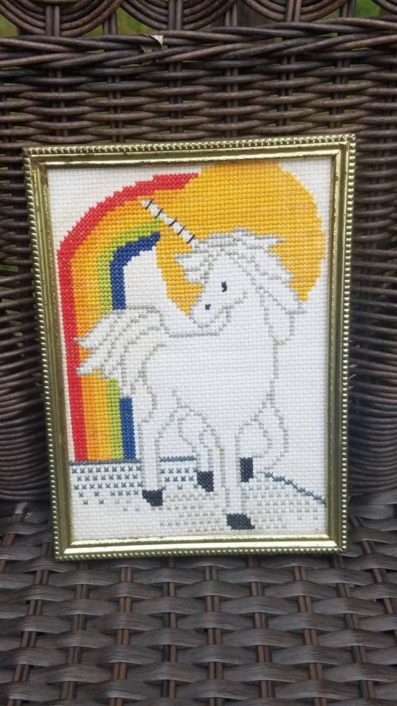 Unicorn wall art, counted cross stitch unicorn picture, rainbow and unicorn kids room accent,brass and glass framed art, embroidery  artwork