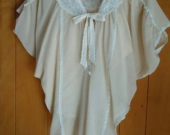 Vintage 1970's blouse and cami set, beige and ivory flutter sleeve top and camisole, lace trimmed blouse and matching camisole, cotton tops