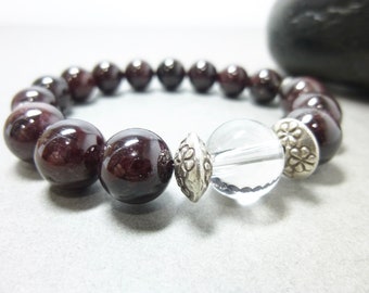 Burgundy Garnet Bracelet - Crystal Quartz - Hill Tribe Fine Silver