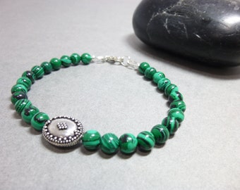 Malachite Unisex Bracelet - Sterling Silver & Hill Tribe Fine Silver, Green and Black Gemstones