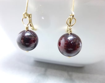 Garnet Earrings: 14K Gold Fill Dangle Earrings, January Birthstone
