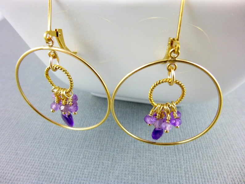 Amethyst Hoop Earrings, 14K Gold Fill, February Birthstone, Powerful and Protective Stone, Reduces Stress, Activates Spiritual Awareness image 2