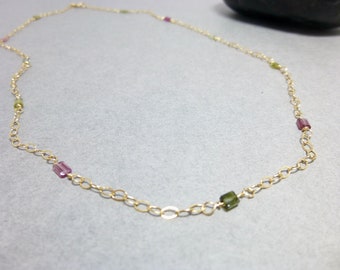 Multi-Color Tourmaline Necklace, 14K Gold Fill, October Birthstone, Petite Tourmaline, Rectangular Stones, Perfect for Stacking