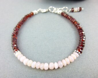 Pink Peruvian Opal & Garnet Chakra Bracelet, Root Chakra / Heart Chakra, Beaded January Birthstone Bracelet, Healing Crystals, Gift for Her