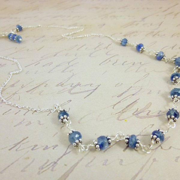 Silvery Blue Kyanite Necklace Ultra Feminine Wire Wrapped Sterling Silver Chakra Jewelry Energy Jewelry