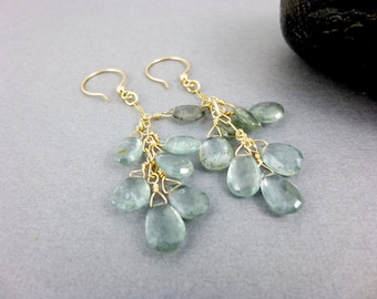 Moss Aquamarine Earrings, Long Dangles, March Birthstone, Aquamarine Briolettes, Stone of Courage, Fortitude, Brings Inner Peace