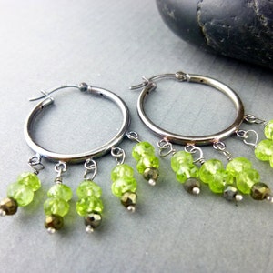 Peridot Chakra Earrings, August Birthstone, Sterling Silver Hoops, Reduces Stress, Anger, Guilt, Protective Stone, Repels Negativity image 1