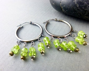 Peridot Chakra Earrings, August Birthstone, Sterling Silver Hoops, Reduces Stress, Anger, Guilt, Protective Stone, Repels Negativity