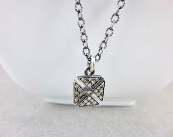 Pave Diamond Pendant Necklace, Sterling Silver, Maltese Cross, Commitment & Love, Manifestation, Strength, Endurance, Gift for Her