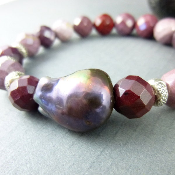 Pink Mookaite Chakra Bracelet, Baroque Freshwater Pearl Stretch Bracelet, Chakra Jewelry