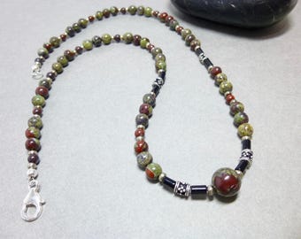 Dragon Blood Jasper Beaded Necklace - Blood Stone,  Black Onyx, Unisex, Sterling Silver