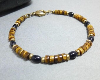 Unisex Tiger Eye & Black Onyx Bracelet -Solid Brass Accents, Chakra Stones