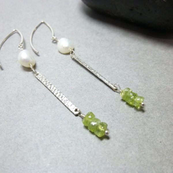 Peridot and Pearl Long Sterling Silver Dangles, August Birthstone, Guards Against Jealousy, Reduces Stress, Gift for Her