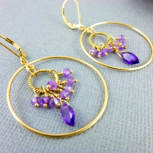 Amethyst Hoop Earrings, 14K Gold Fill, February Birthstone, Powerful and Protective Stone, Reduces Stress, Activates Spiritual Awareness image 1