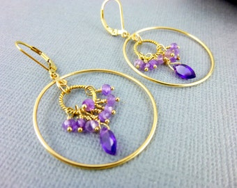 Amethyst Hoop Earrings, 14K Gold Fill, February Birthstone, Powerful and Protective Stone, Reduces Stress, Activates Spiritual Awareness