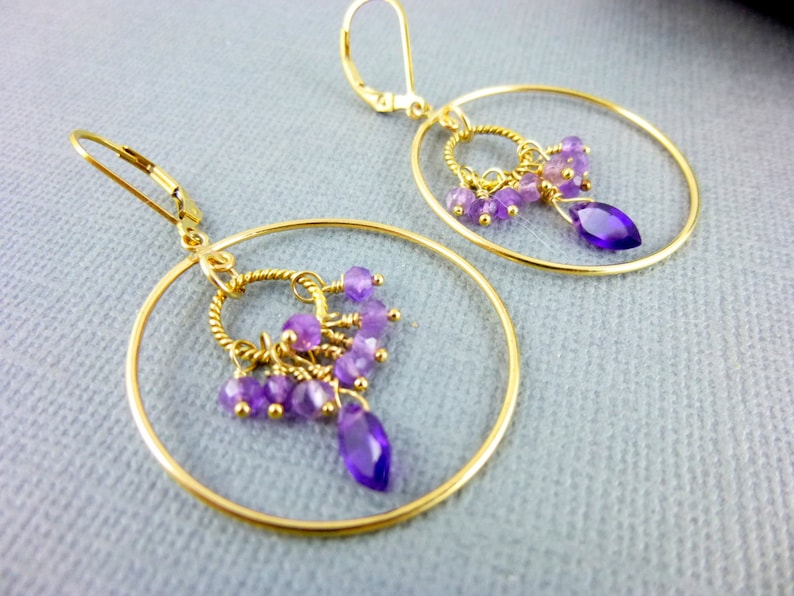 Amethyst Hoop Earrings, 14K Gold Fill, February Birthstone, Powerful and Protective Stone, Reduces Stress, Activates Spiritual Awareness image 1