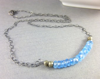 Dainty Blue Topaz & Sterling Silver Bead Bar Necklace, November Birthstone, Gift for Her, Ready to Ship
