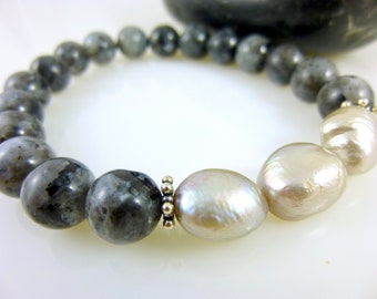 Black Labradorite & Gray Freshwater Pearl Bracelet, Sterling Silver, Protective, Grounding, Personal Integrity, Honesty, Repel Negativity