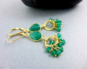 Green Onyx Dangle Earrings -  14K Gold Fill Lever Backs, Chakra Stones