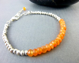 Orange Carnelian and Silver Pyrite Bracelet, Tiny Gemstones & Sterling Silver, Stone of Courage and Creativity, Promotes Positive Thinking