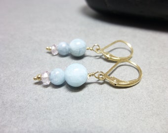 Aquamarine & Crystal Quartz 14K GF Earrings, March Birthstone, Stone of Courage, Fortitude, Calming Energy, Overcome Judgment, Soothe Fears