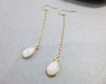 Bezel-Set Rainbow Moonstone Shoulder Dusters, Moonstone Drop Earrings, Gold Fill Earwires, New Beginnings