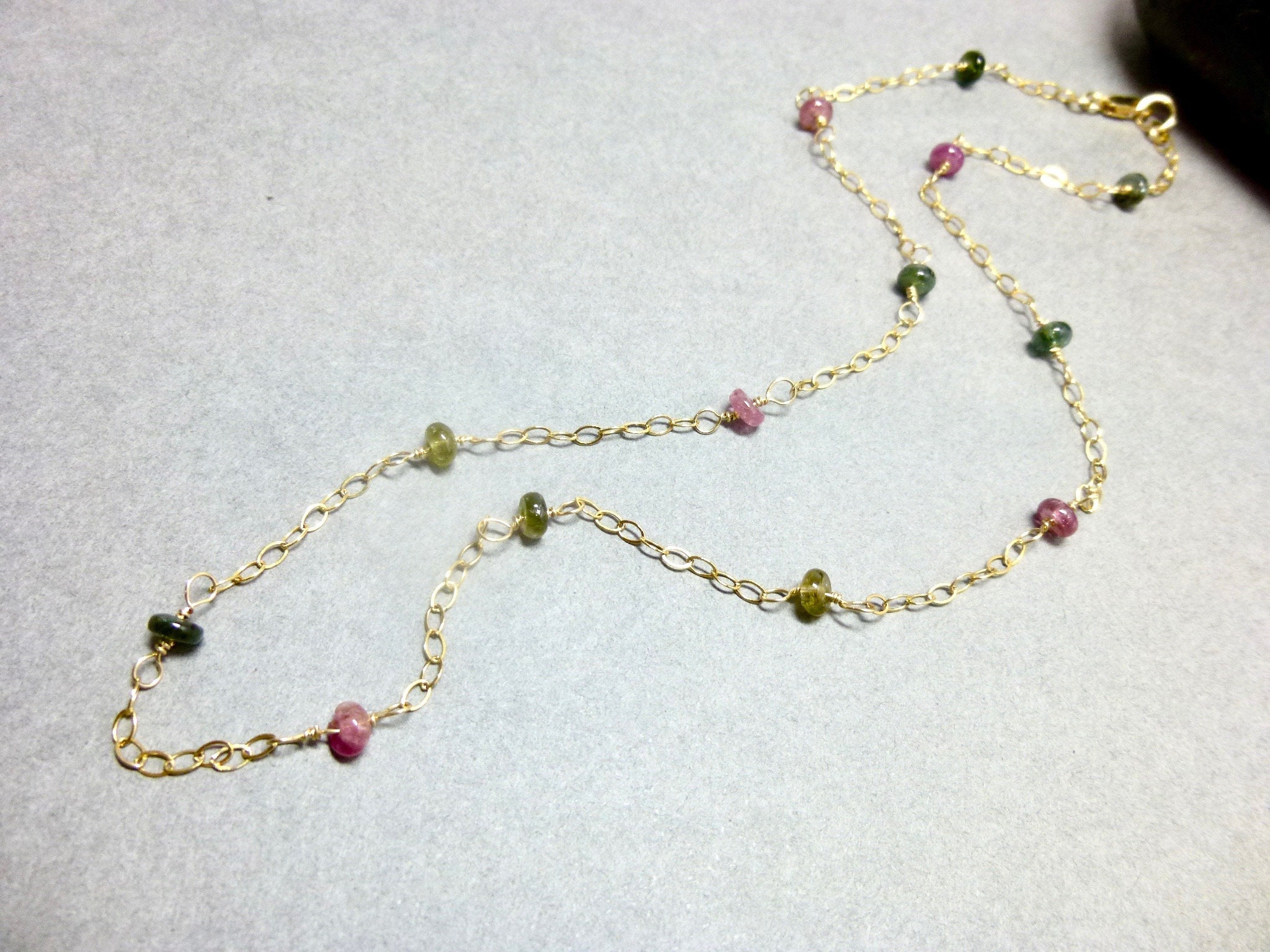 Dainty Tourmaline Station Necklace, 14K Gold Fill, October Birthstone, Diminishes Fear, Promotes Self Confidence