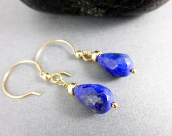 Lapis Lazuli Briolette Earrings, Gift for Her, 14K Gold Fill, Encourages Self Awareness, Inner Truth, Quickly Releases Stress