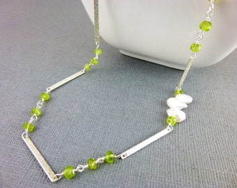 Peridot Necklace with Hammered Sterling Silver Bars - Grass Green Stones - August Birthstone - Summer Trends - Integrity and Purity