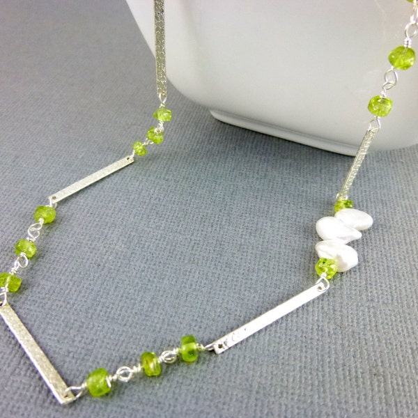 Peridot Necklace with Hammered Sterling Silver Bars - Grass Green Stones - August Birthstone - Summer Trends - Integrity and Purity