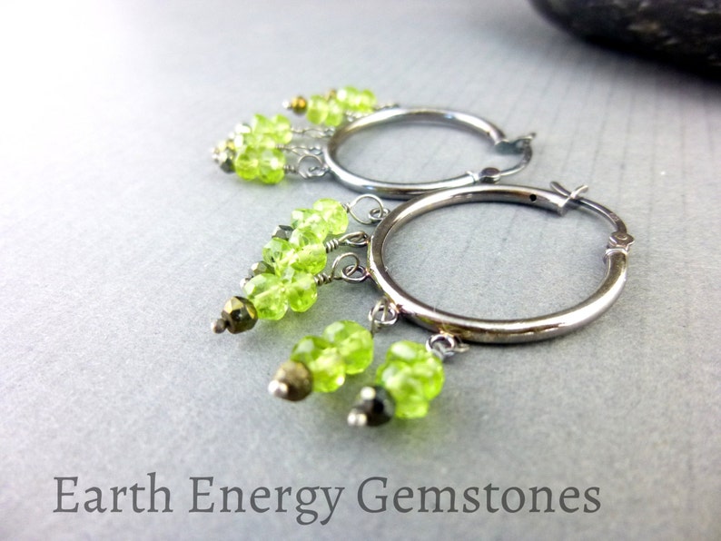 Peridot Chakra Earrings, August Birthstone, Sterling Silver Hoops, Reduces Stress, Anger, Guilt, Protective Stone, Repels Negativity image 2