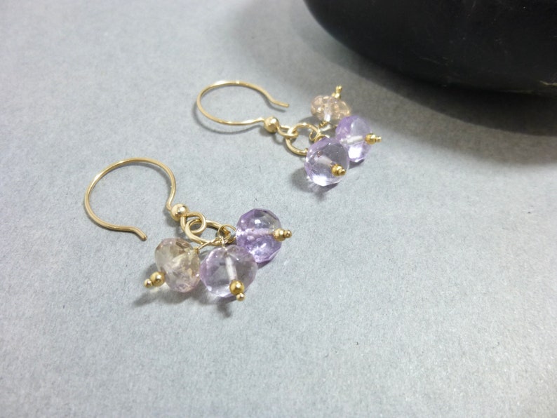 Genuine Ametrine Cluster Dangle Earrings, Purple and Yellow Stone Earrings, 14K Gold Fill Earrings, Amethyst & Citrine Mixed Stones image 6