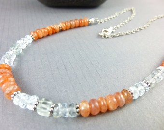 Sunstone & Aquamarine Necklace, Sterling Silver, Courage and Calmness, Abundance and Originality,  Alleviate Stress, Dissipate Fearfulness