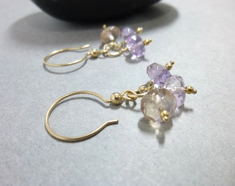 Genuine Ametrine Cluster Dangle Earrings, Purple and Yellow Stone Earrings, 14K Gold Fill Earrings, Amethyst & Citrine Mixed Stones