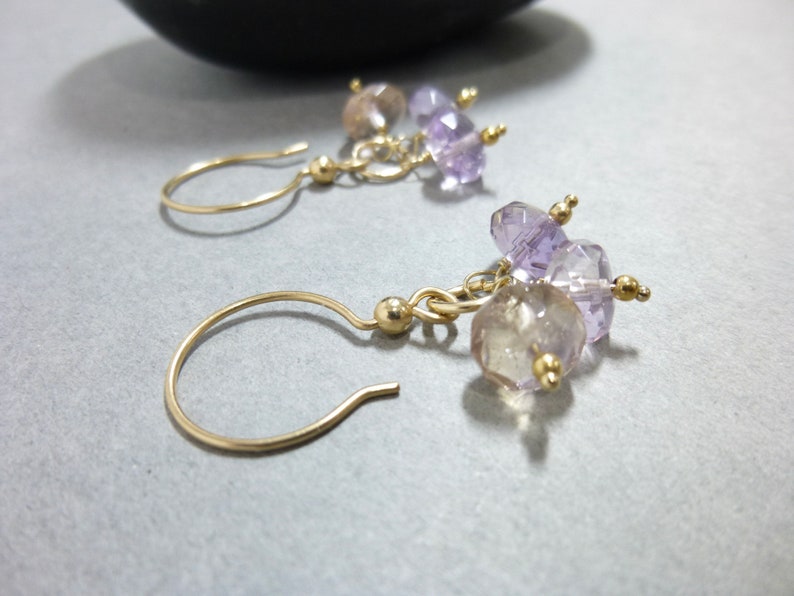 Genuine Ametrine Cluster Dangle Earrings, Purple and Yellow Stone Earrings, 14K Gold Fill Earrings, Amethyst & Citrine Mixed Stones image 1