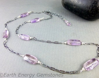 Amethyst Station Necklace, Sterling Silver, February Birthstone, Protective Stone, Reduces Stress, Alleviates Sadness and Grief